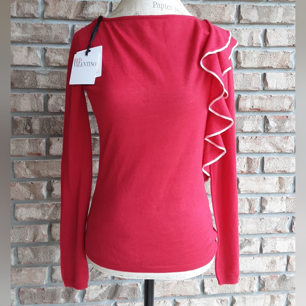 Red Valentino NWT Red Cashmere/Silk Blend Long Sleeve Sweater with Ruffl…